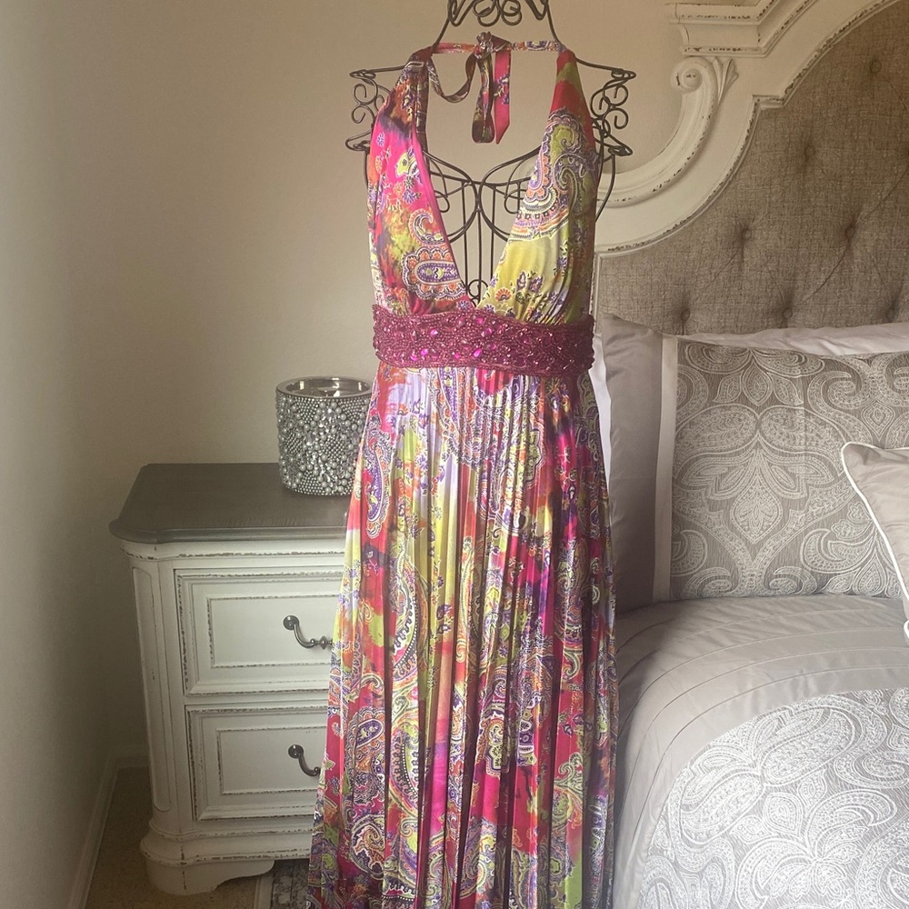 XOXO Vibrant Pink and Yellow Backless Dress